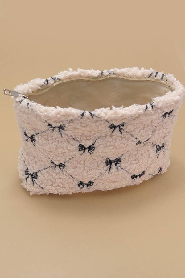 BOW SOFT LAMB WOOL COSMETIC POUCH BAG