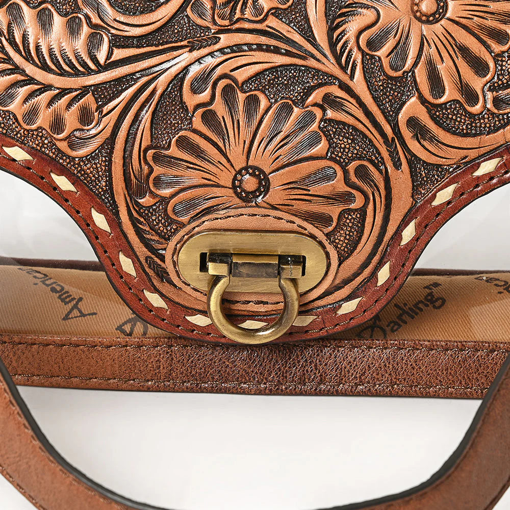 Hand-Tooled Leather Floral Crossbody Bag - Western Saddle Flap Design