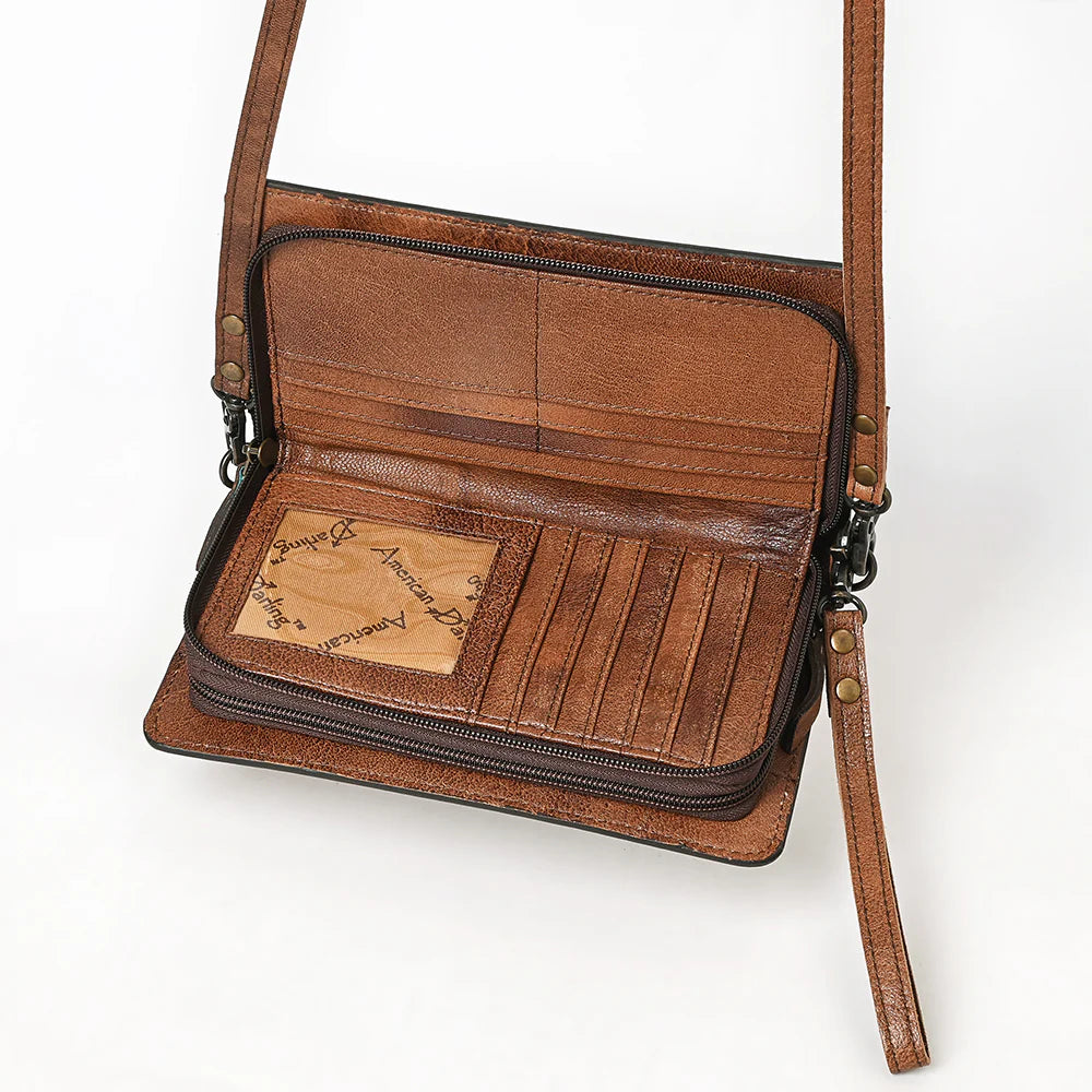 Hand-Tooled Leather Organiser Bag with Turquoise Stone Concho Western Floral Carved Purse Wallet