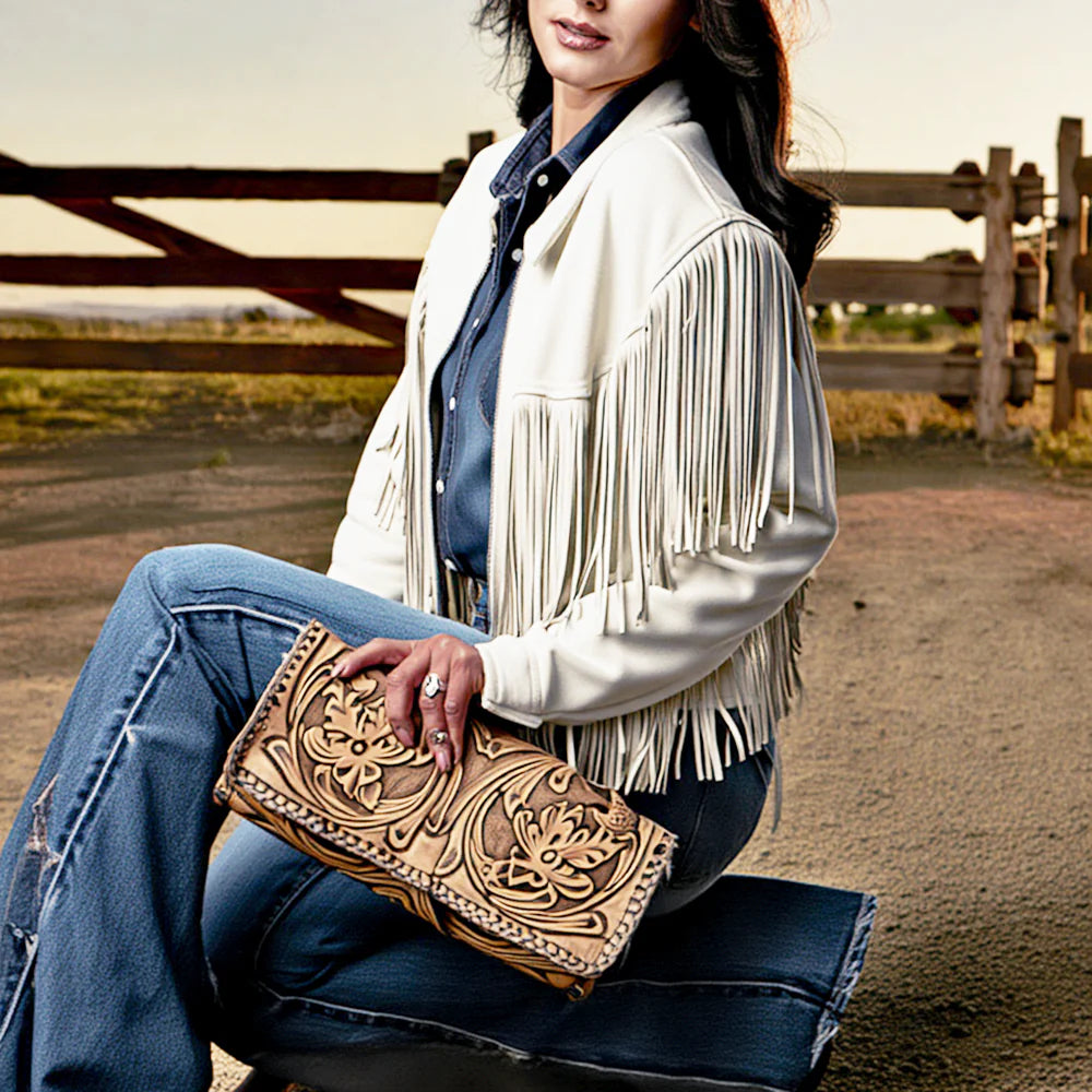 American Darling Western Hand-Tooled Leather Wallet Handbag for Women – Genuine Leather Floral Carved Designer Purse with Wristlet Strap
