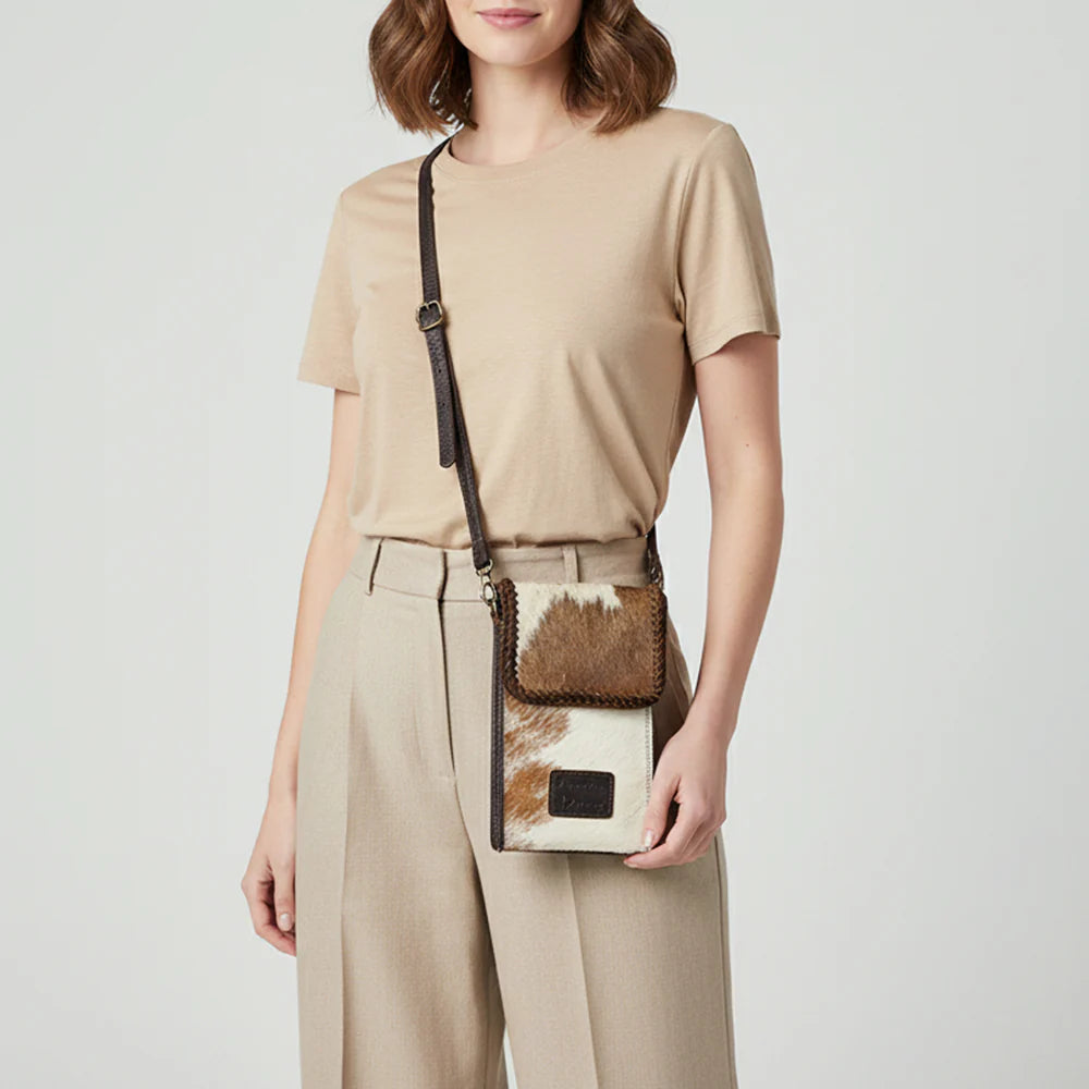 Mini Hair-On Leather Crossbody - Western Cellphone Holder Bag with Braided Trim