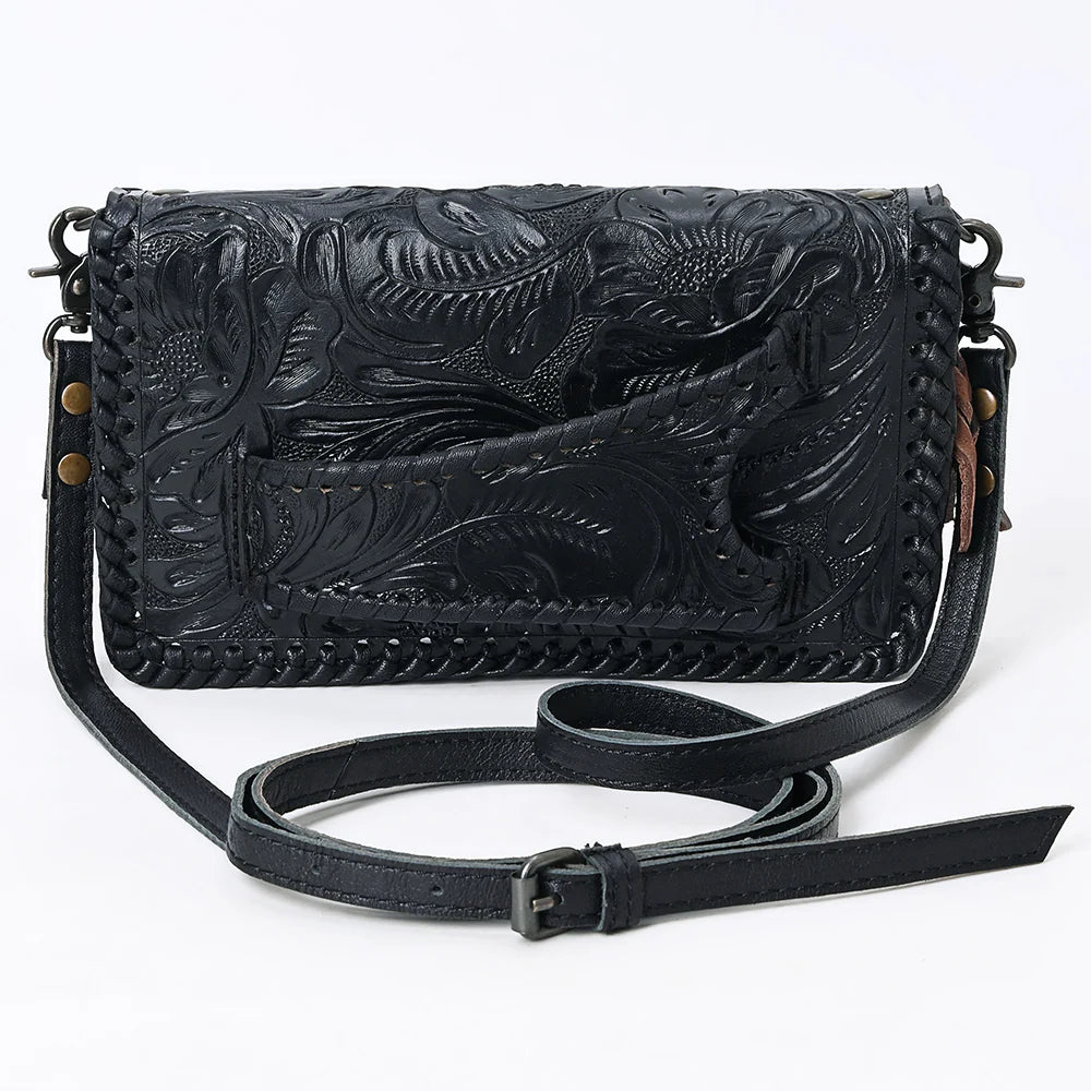 Western Tooled Leather Clutch Bag with Floral Carving and Premium Genuine Leather