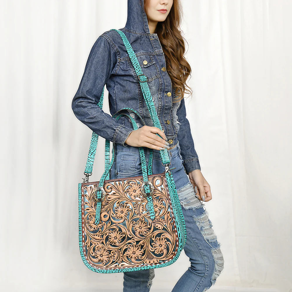 Tooled Leather Western Tote Bag with Croc Embossed Accents