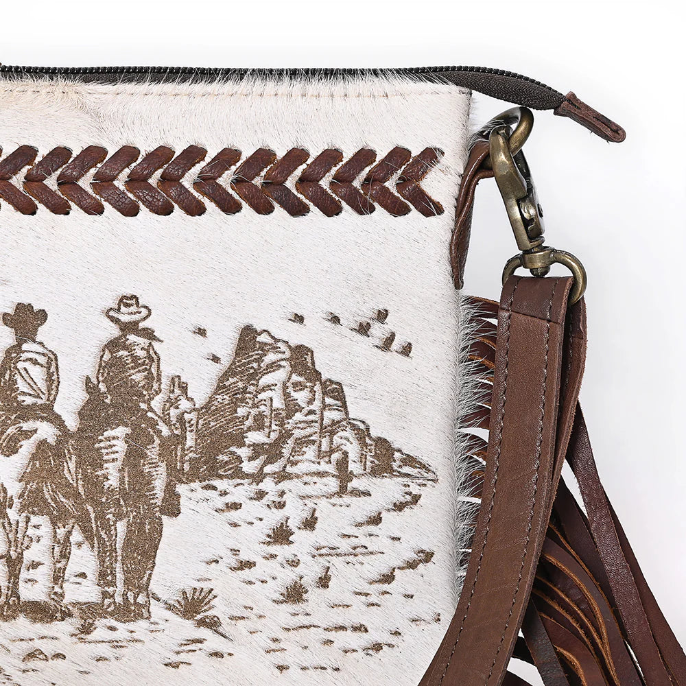 Cowhide Crossbody Bag with Desert Riders Scene - Western Fringe Leather Purse