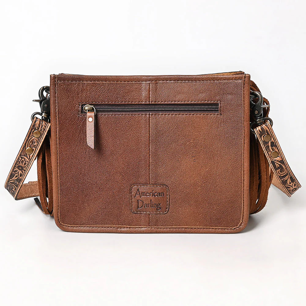 Hand-Tooled Leather Crossbody Bag with Floral & Fringe Strap