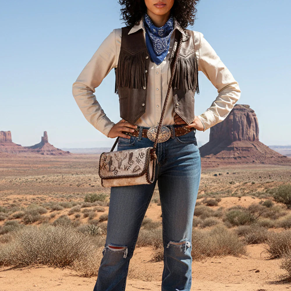 Western Clutch Crossbody - Hair-On Leather Bag with Cowboy Motif & Braided Strap