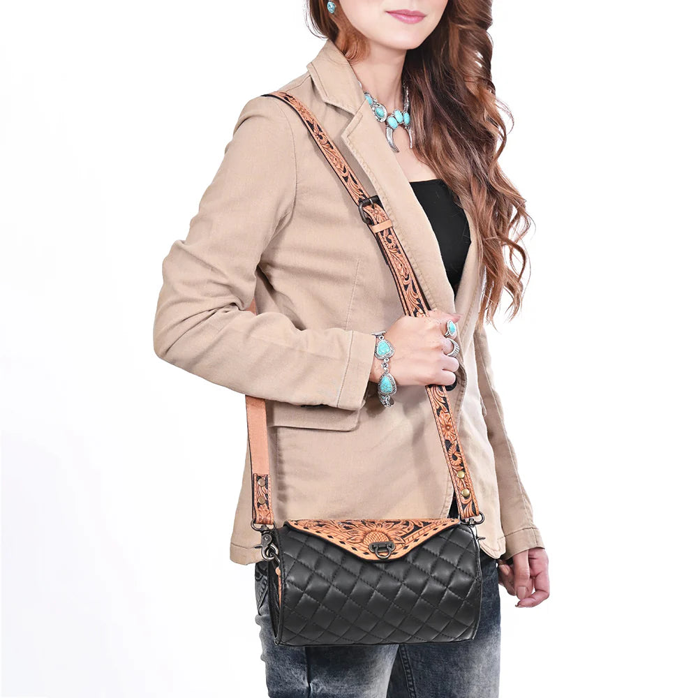 Cross body Bag Hand Tooled Floral Carved Quilted Genuine Leather Western Barrel Bag