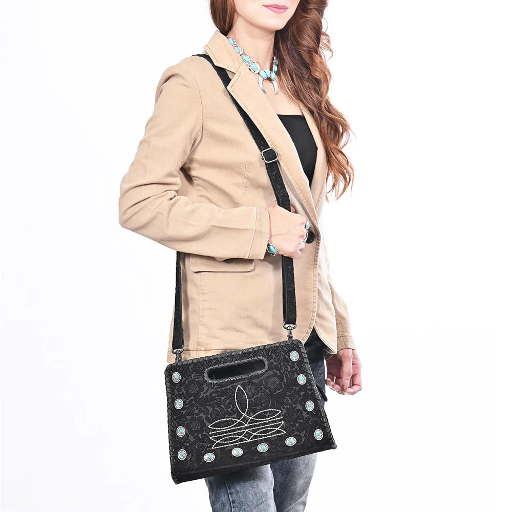 Clutch Bag Genuine Leather Western Crossbody with Turquoise Studs and Boot Stitch