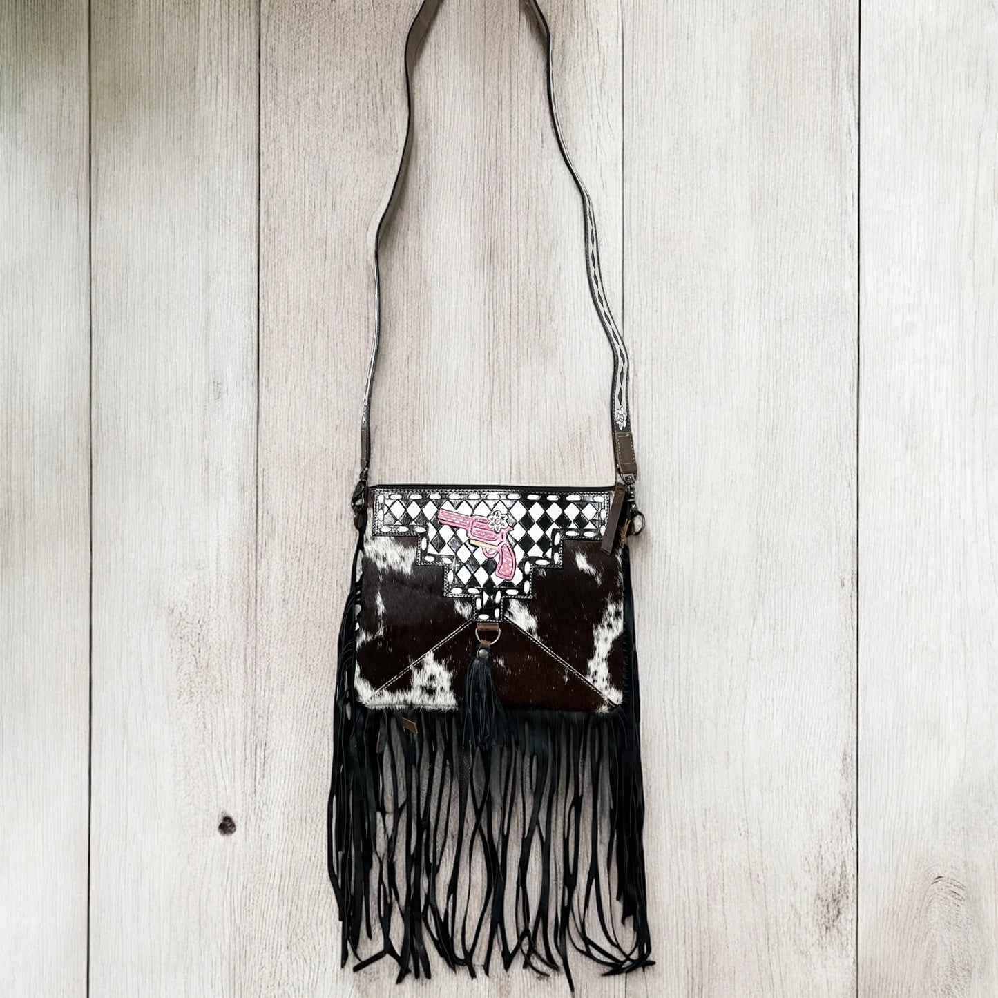 Checker howdy tooled leather & cowhide fringe crossbody bag