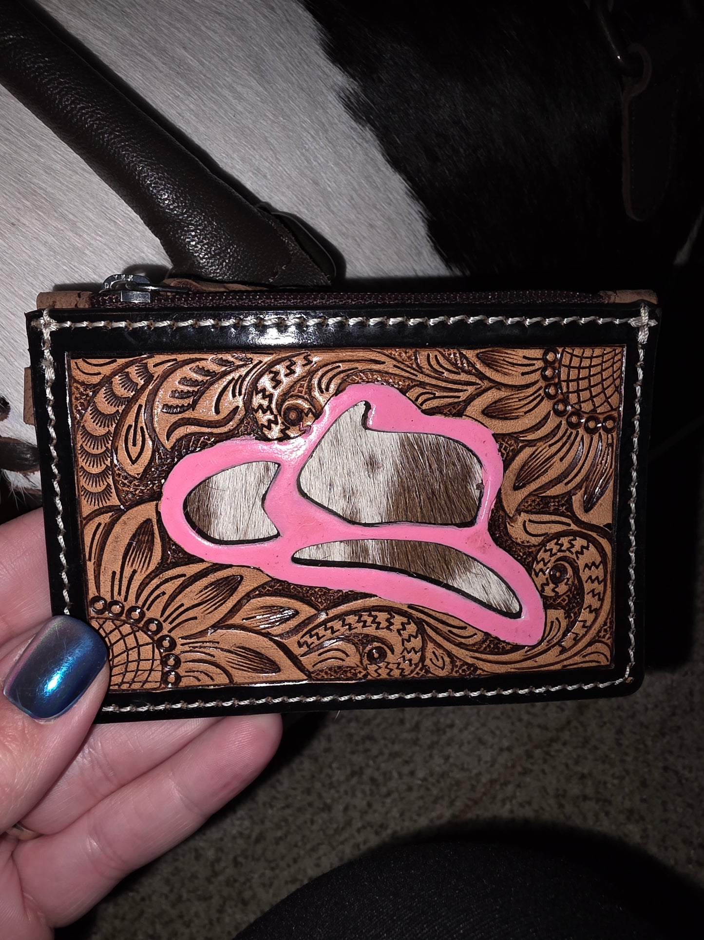 Tooled Leather Keychain Wallet Bow and Hat