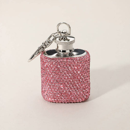 1oz Bling Studded Stainless Steel Mini Flask Keychain Charm