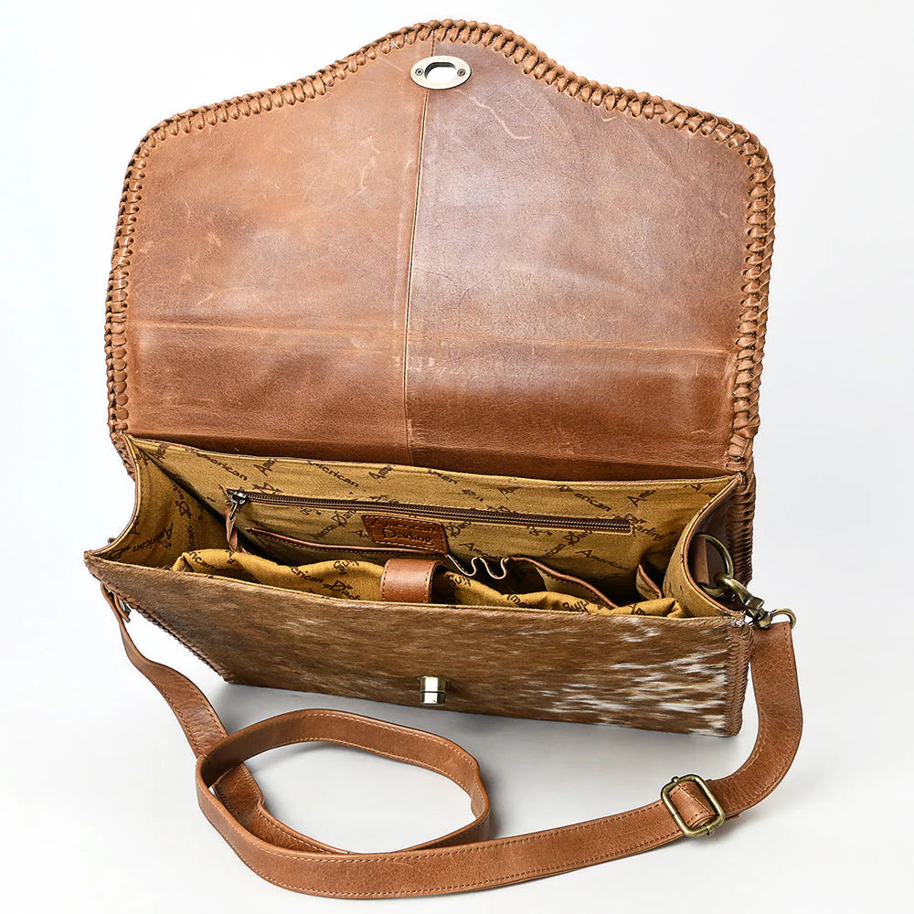 Hair-On Cowhide Leather Messenger Bag with Braided Trim