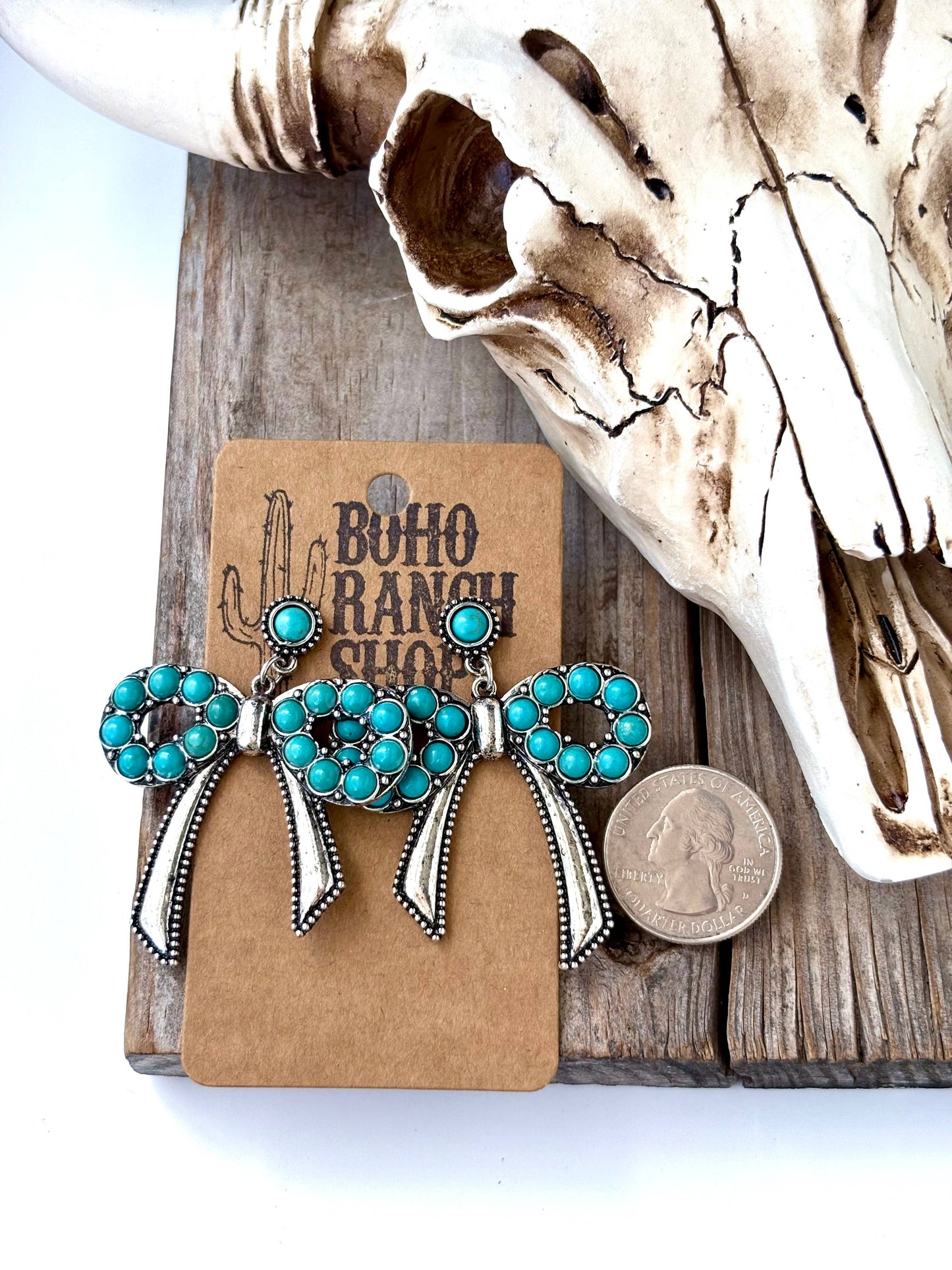 Coquette Bow Ribbon with Turquoise Stone Post Drop Earrings