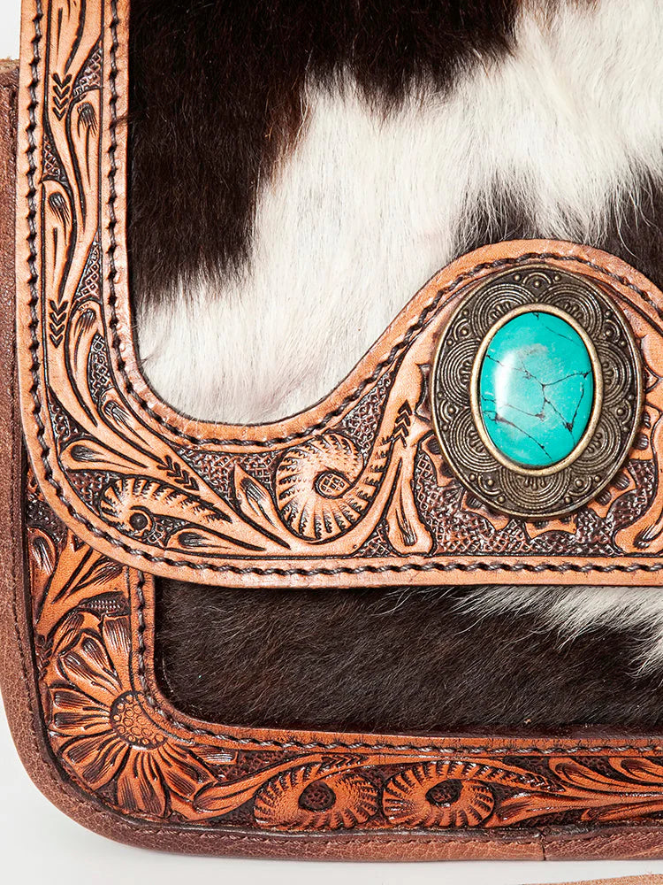 American Darling Tooled Leather Crossbody Bag with Cowhide & Turquoise Accent