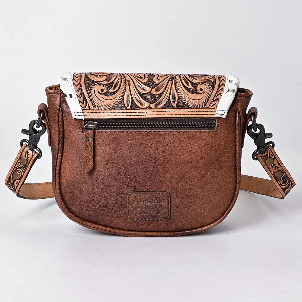 Tooled Leather Crossbody Bag with White Whipstitch Trim and Carved Strap