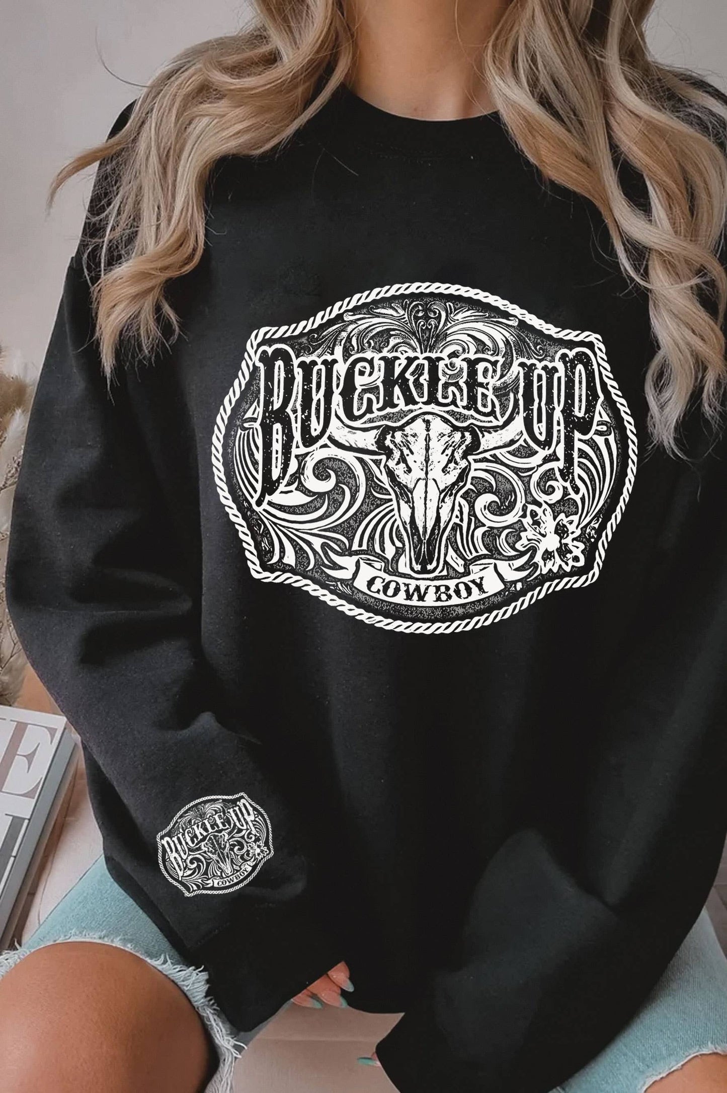 BUCKLE UP COWBOY COW SKULL GRAPHIC BRUSHED SWEATSHIRTS