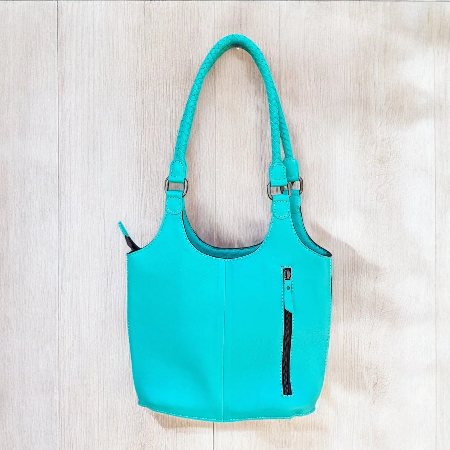 Turquoise tooled leather & cowhide shoulder bag