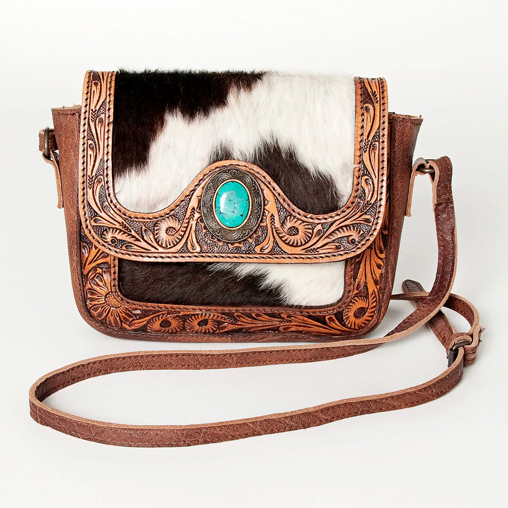 American Darling Tooled Leather Crossbody Bag with Cowhide & Turquoise Accent