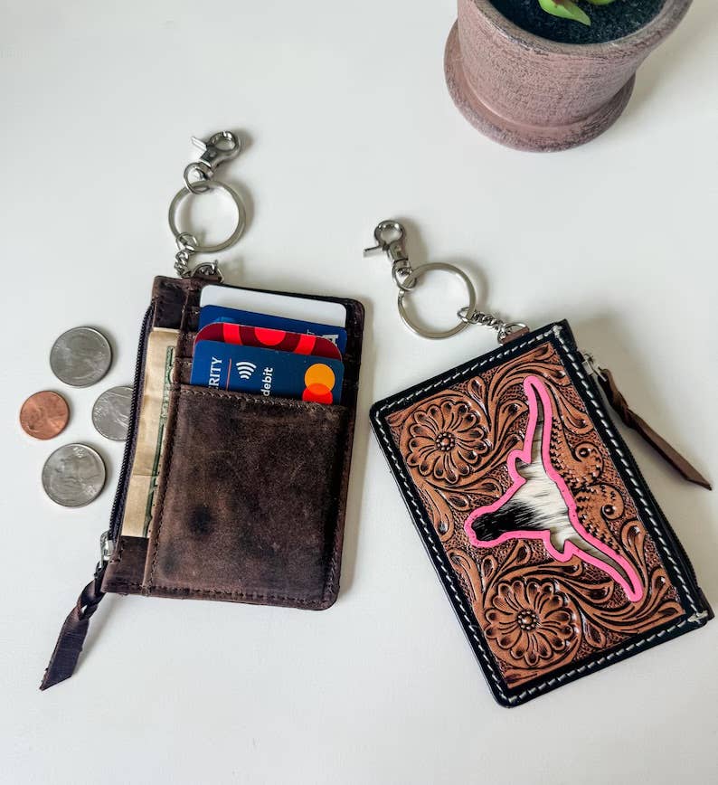 Tooled Leather Keychain Wallet Thunderbird Longhorn Bow Hat