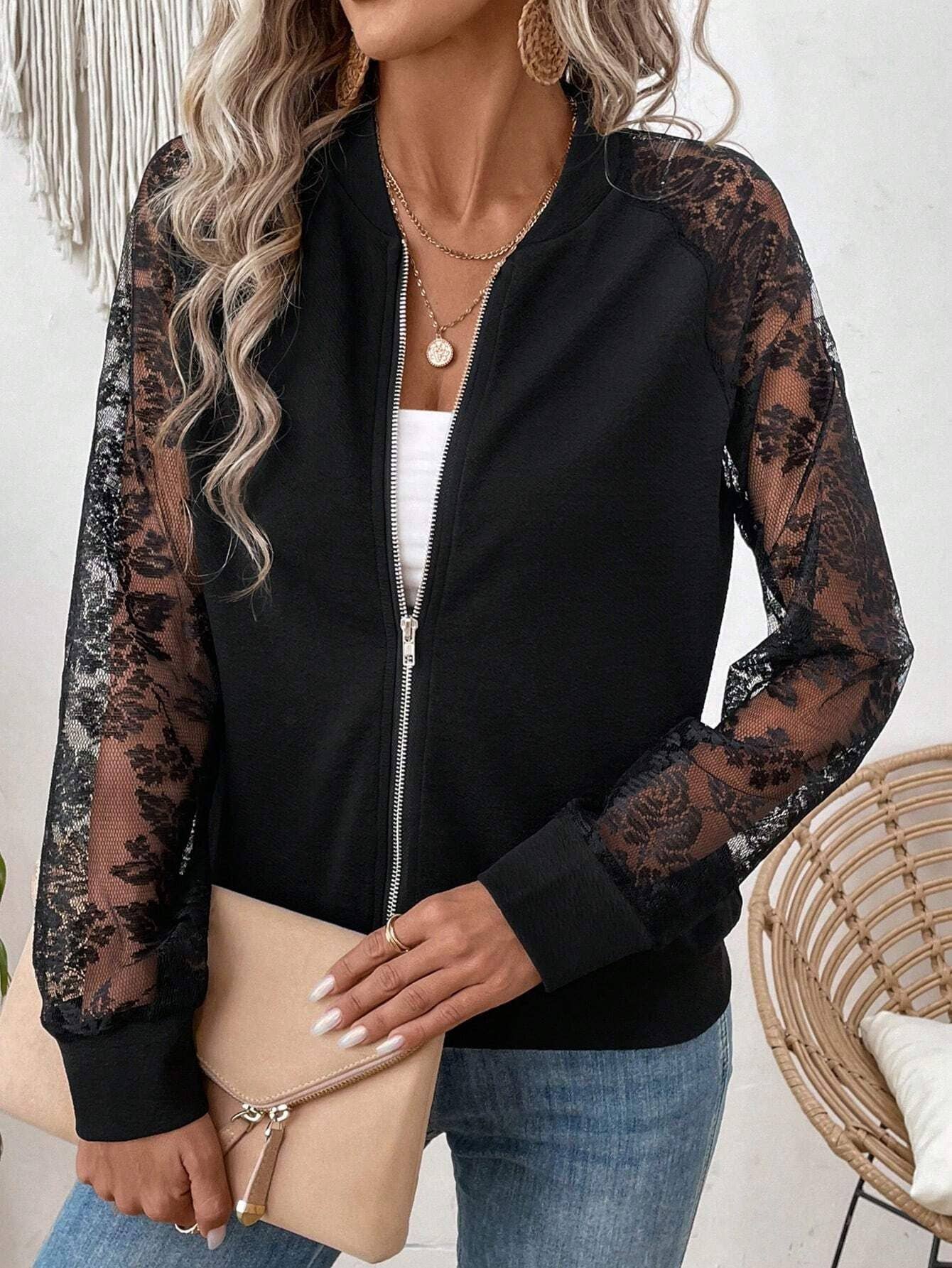 Lace Panelled Long-Sleeved Baseball Collar Jacket