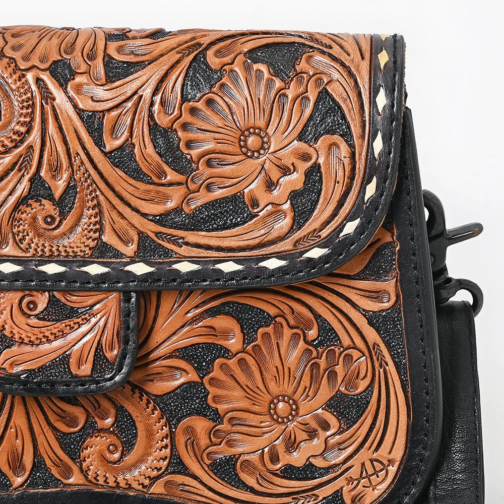 Tooled Leather Crossbody Bag in Black & Tan Western Floral Scroll Design