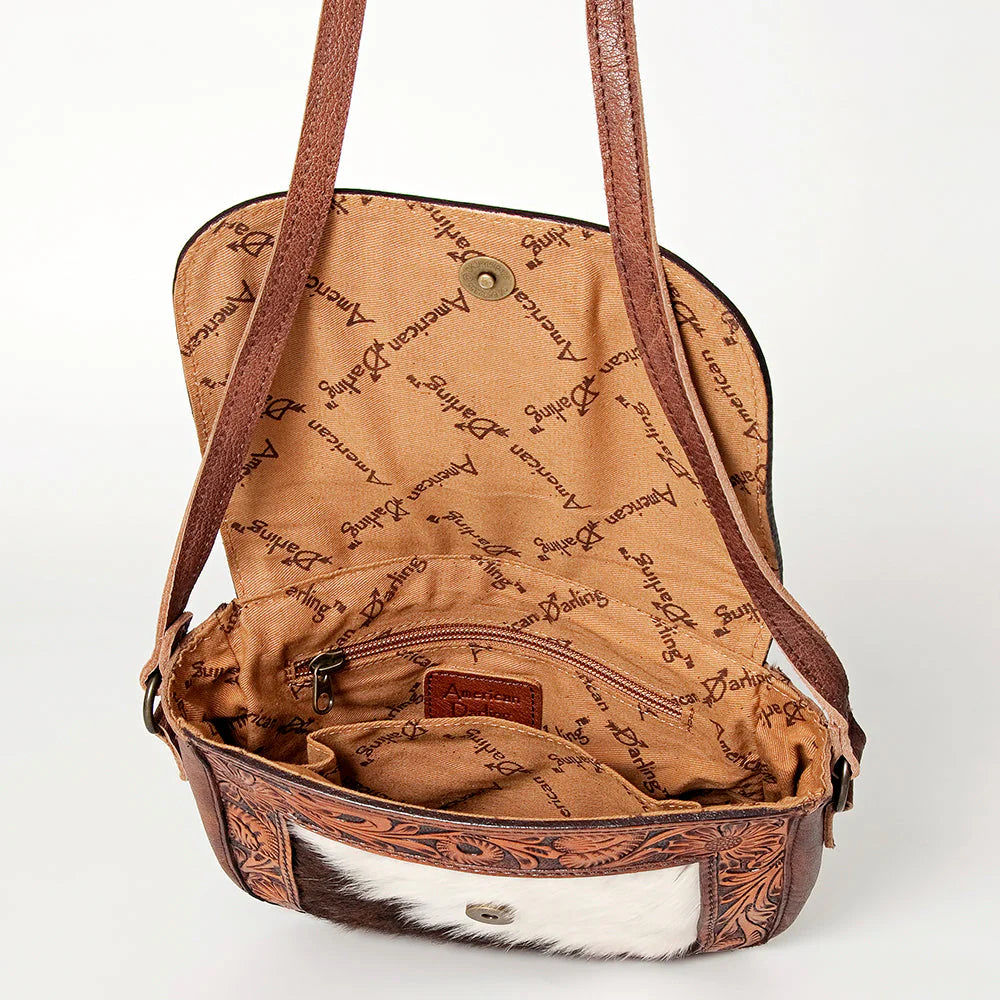 American Darling Tooled Leather Crossbody Bag with Cowhide & Turquoise Accent