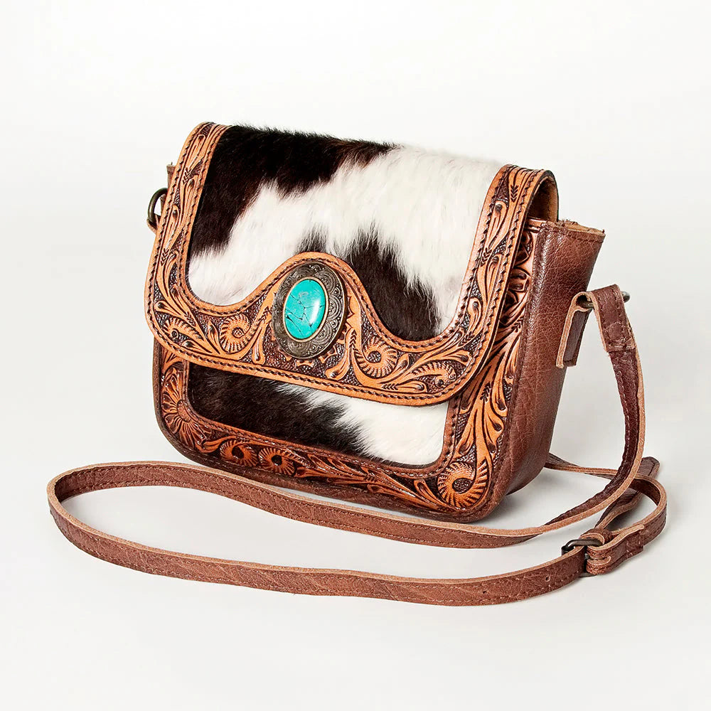 American Darling Tooled Leather Crossbody Bag with Cowhide & Turquoise Accent