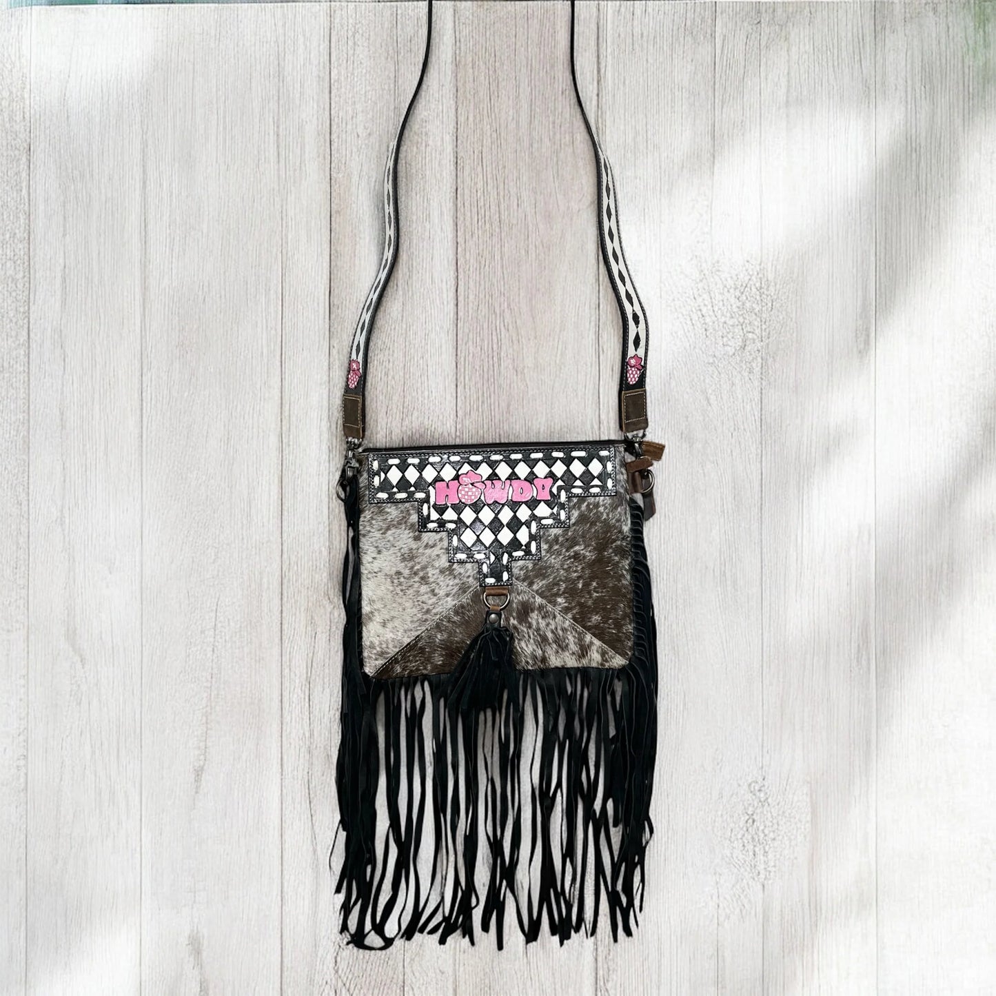 Checker howdy tooled leather & cowhide fringe crossbody bag