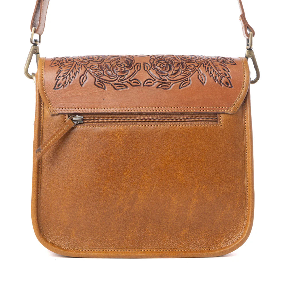 Cedar Range Handtooled Hairon Buckle Leather Bag in Chestnut Ivory