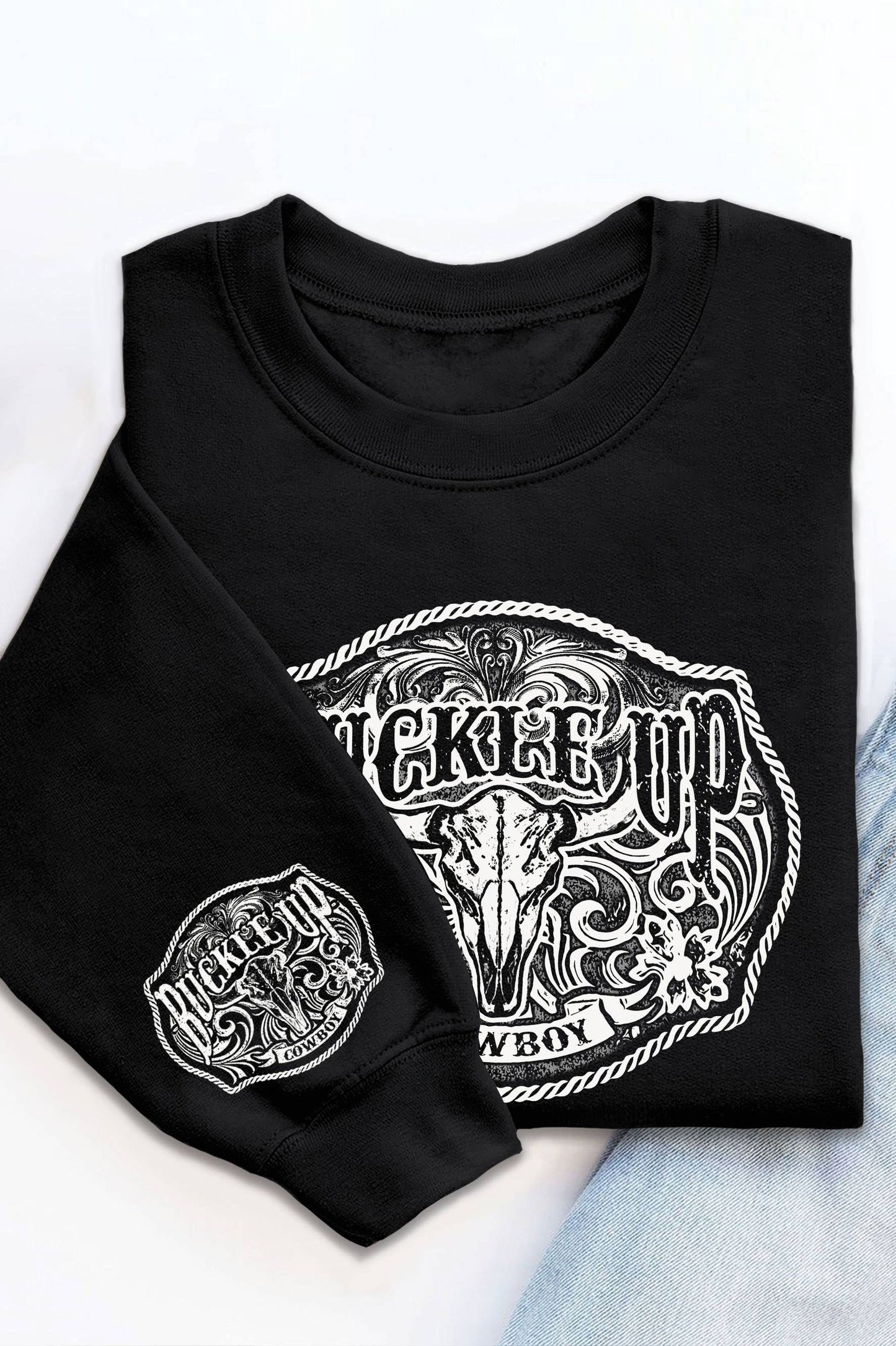 BUCKLE UP COWBOY COW SKULL GRAPHIC BRUSHED SWEATSHIRTS