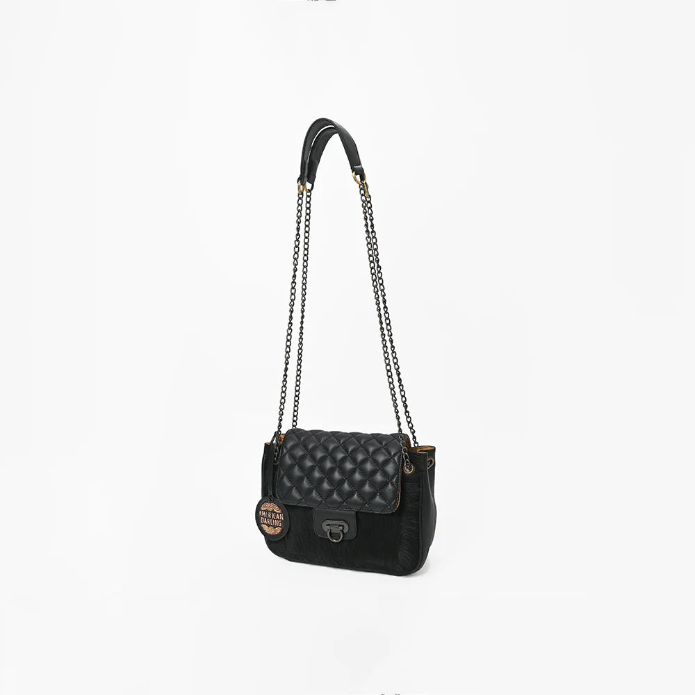 American Darling Women's Premium Black Quilted Leather Hair-On CowhideCrossbody Shoulder Handbag