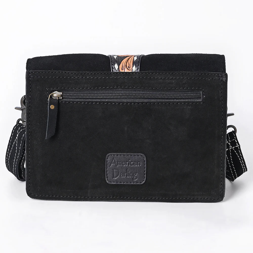 Black Suede Crossbody Bag with Tooled Sunflower Strap & White Embroidery