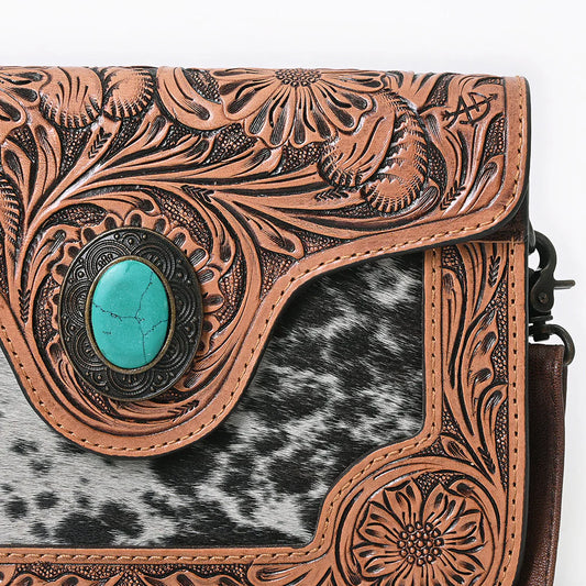 American Darling Tooled Leather & Hair-On Crossbody Bag Western Cowhide Shoulder Purse