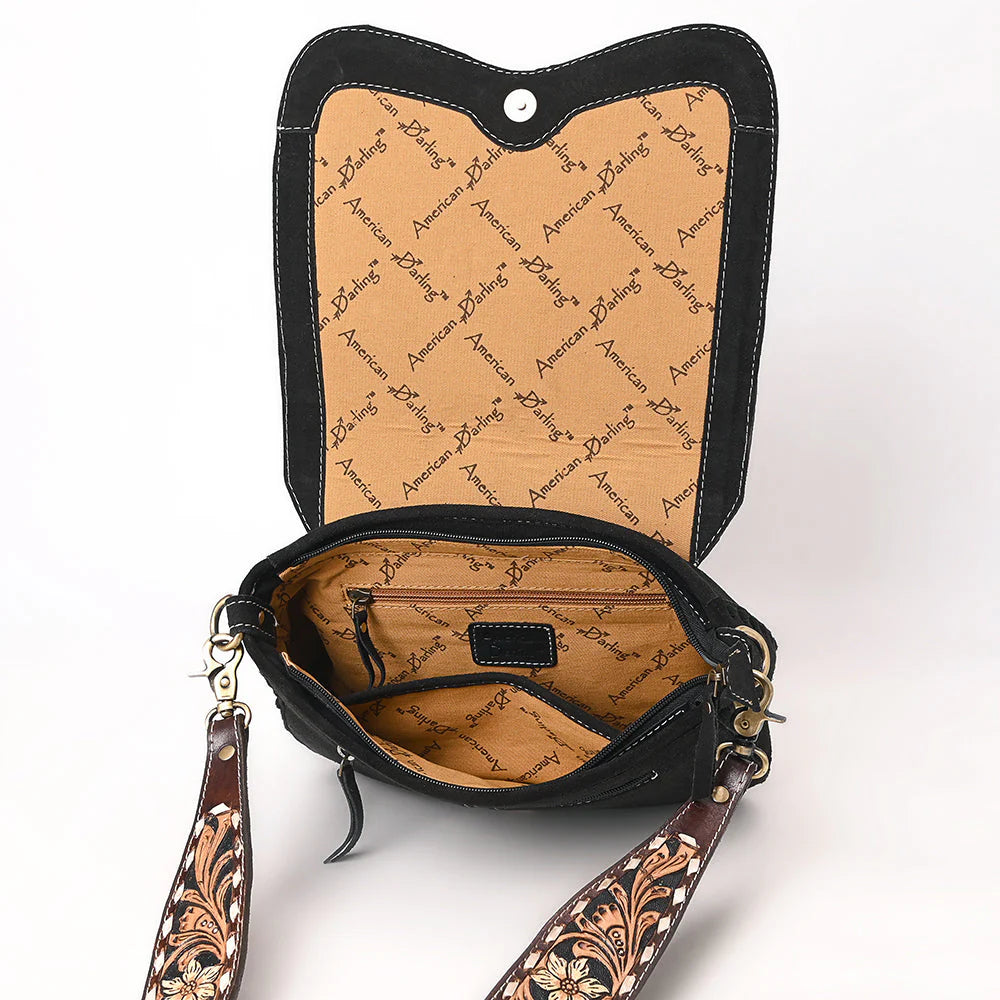Western Crossbody Flap Bag with Tooled Leather Strap & Rope Stitch Embroidery