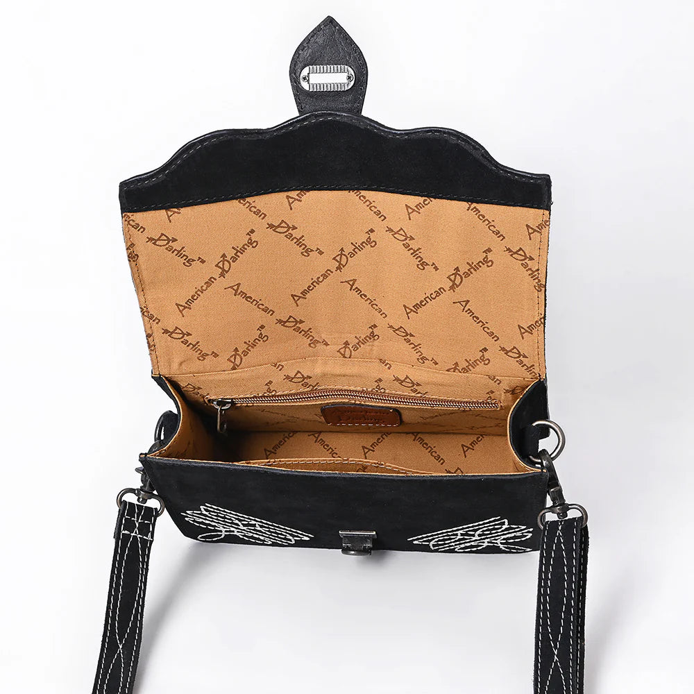 Black Suede Crossbody Bag with Tooled Sunflower Strap & White Embroidery