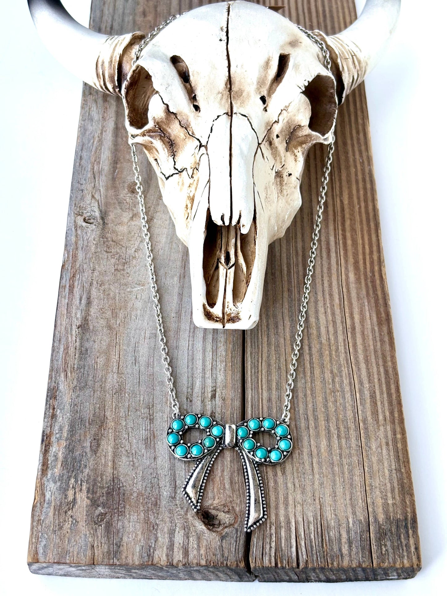 Western Style Coquette Bow Turquoise Stone Pendant Necklace