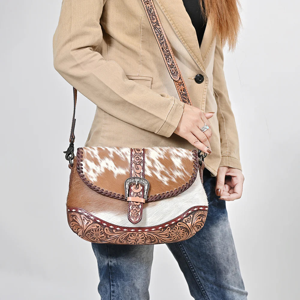 Small Crossbody Hair-On Hand Tooled Genuine Leather women bag western Bag