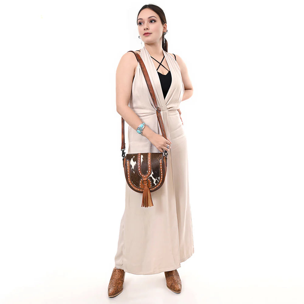 Hair-On Cowhide Saddle Crossbody Bag with Leather Tassel & Western Stitching