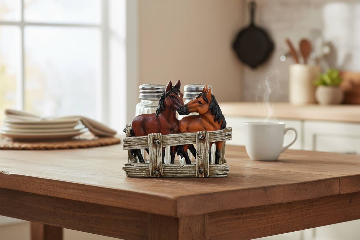 Banyard Western Horses Salt and Pepper Shaker Holder Set
