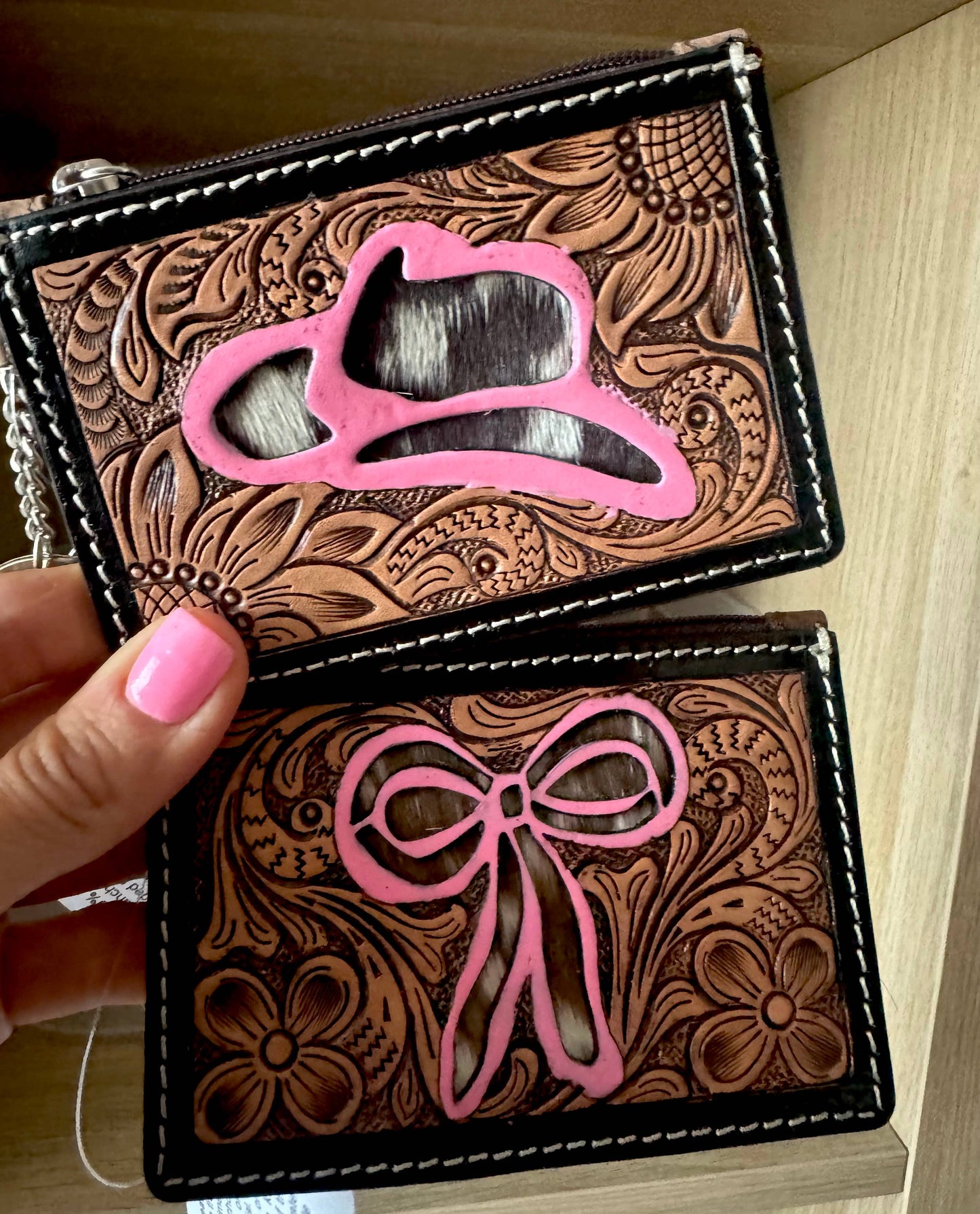 Tooled Leather Keychain Wallet  Bow and Hat