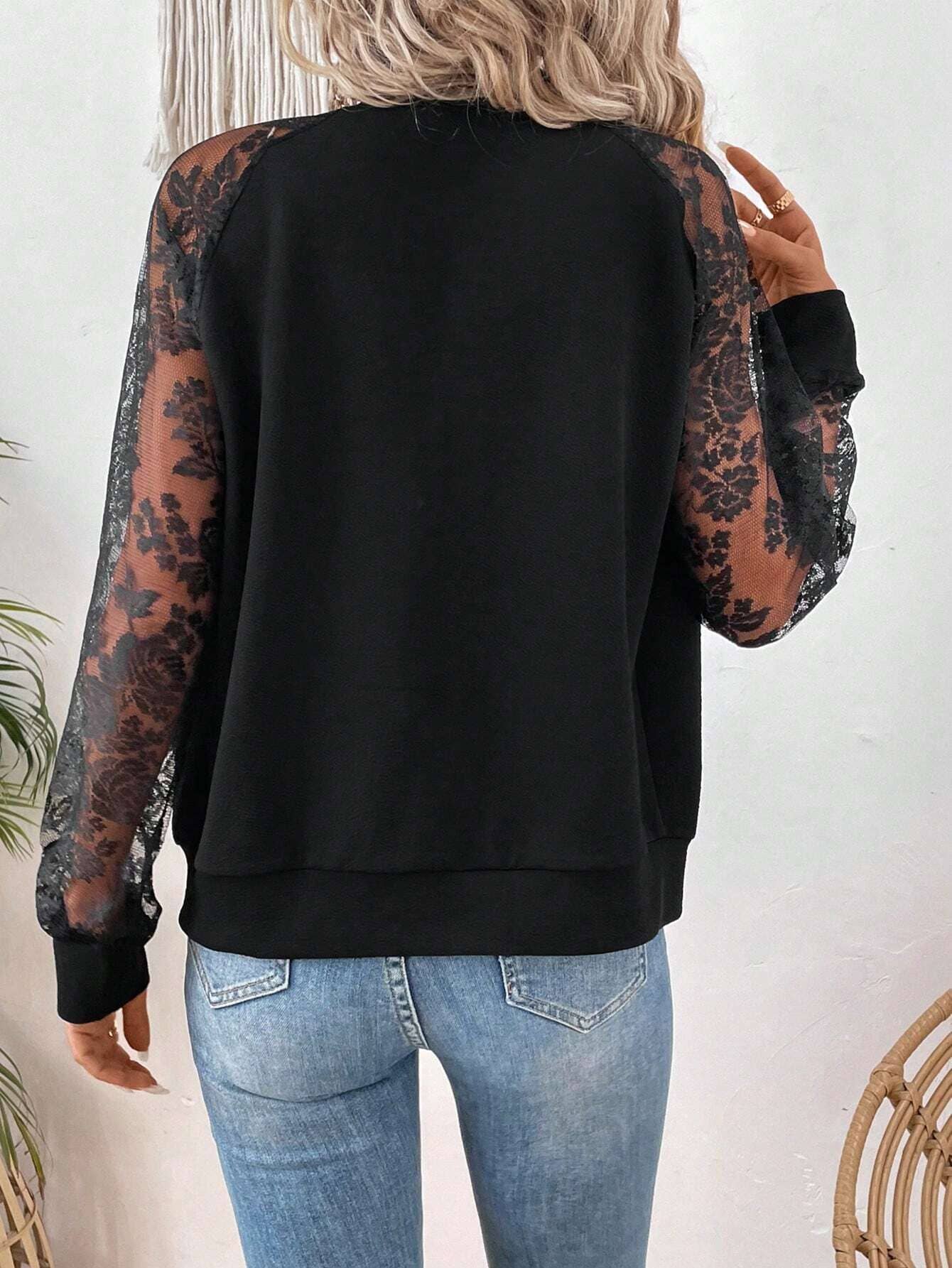 Lace Panelled Long-Sleeved Baseball Collar Jacket