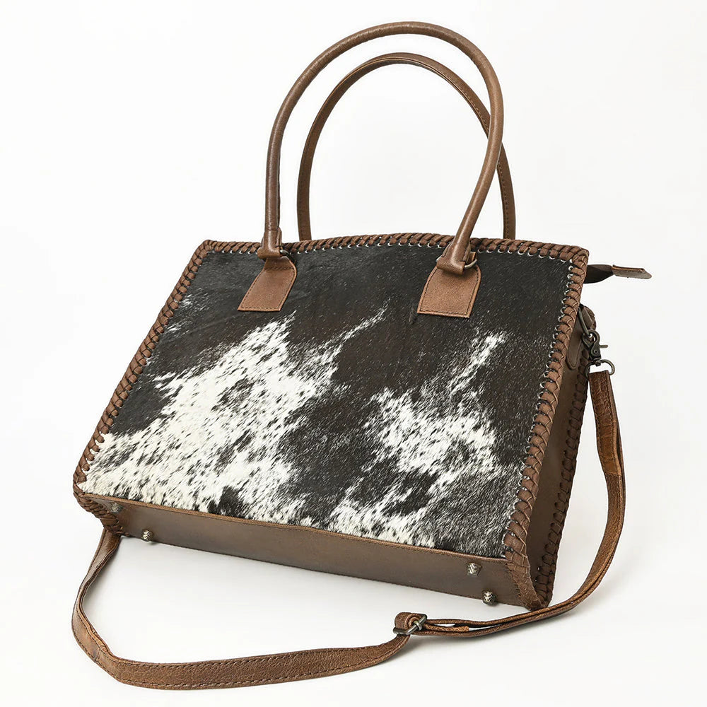 Western Cowhide Tote - Black & White Hair-On Leather Bag with Braided Whipstitch & Strap