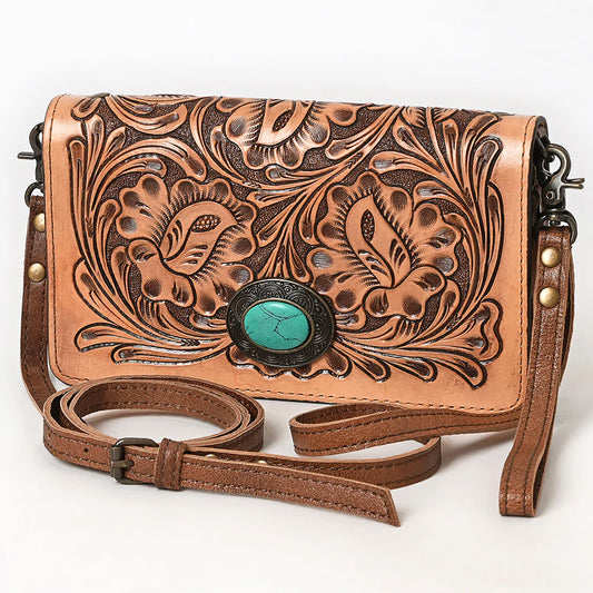 Hand-Tooled Leather Organiser Bag with Turquoise Stone Concho Western Floral Carved Purse Wallet