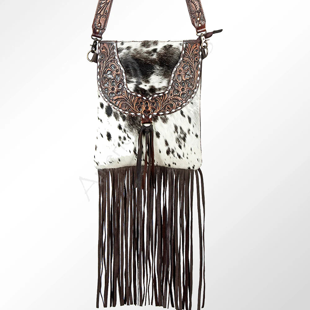 Speckled Cowhide Crossbody Bag with Tooled Yoke & Fringe