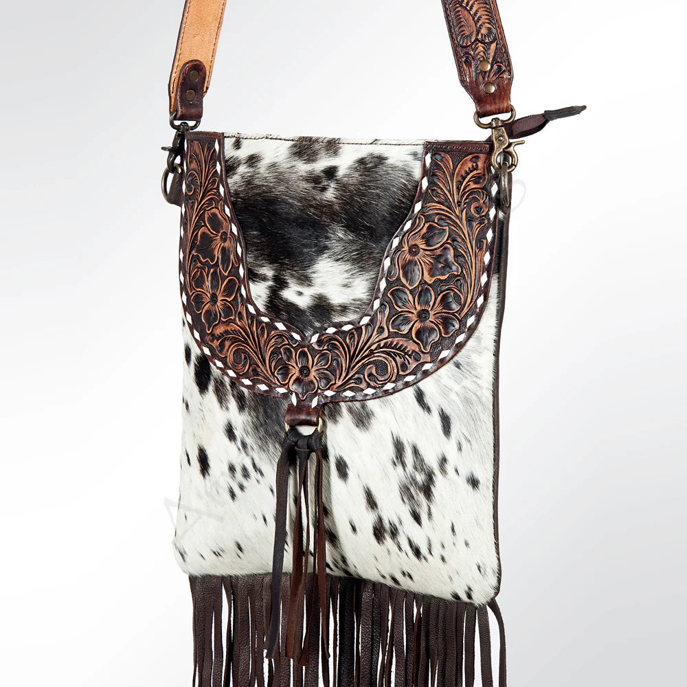 Speckled Cowhide Crossbody Bag with Tooled Yoke & Fringe