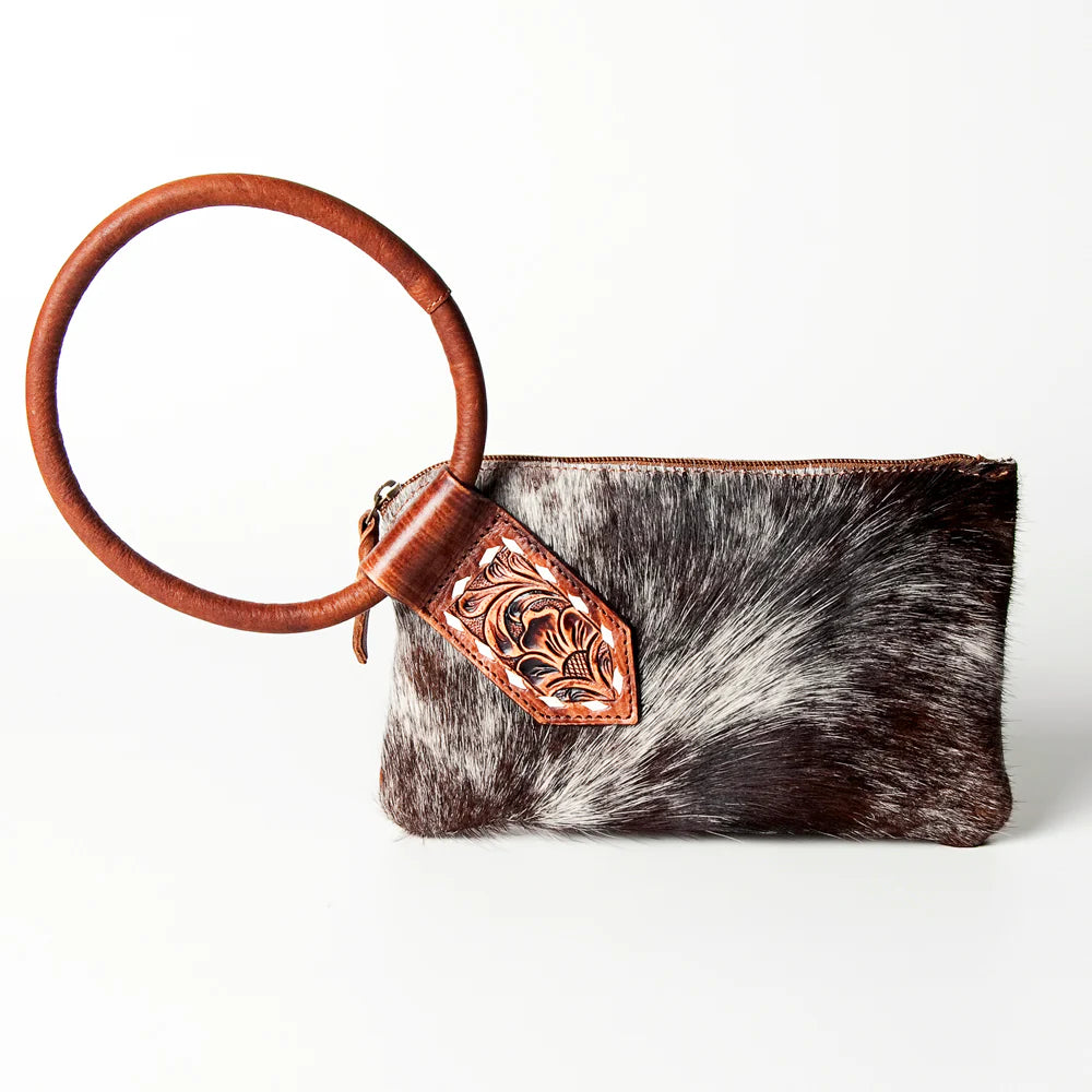 Wristlet Hand Tooled Hair On Genuine Leather Western Women Bag