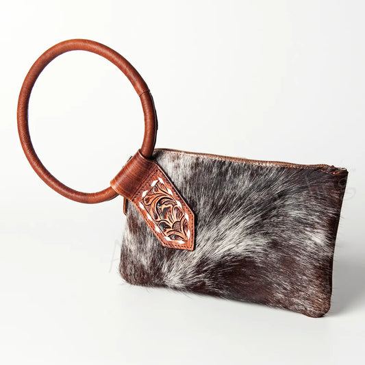 Wristlet Hand Tooled Hair On Genuine Leather Western Women Bag