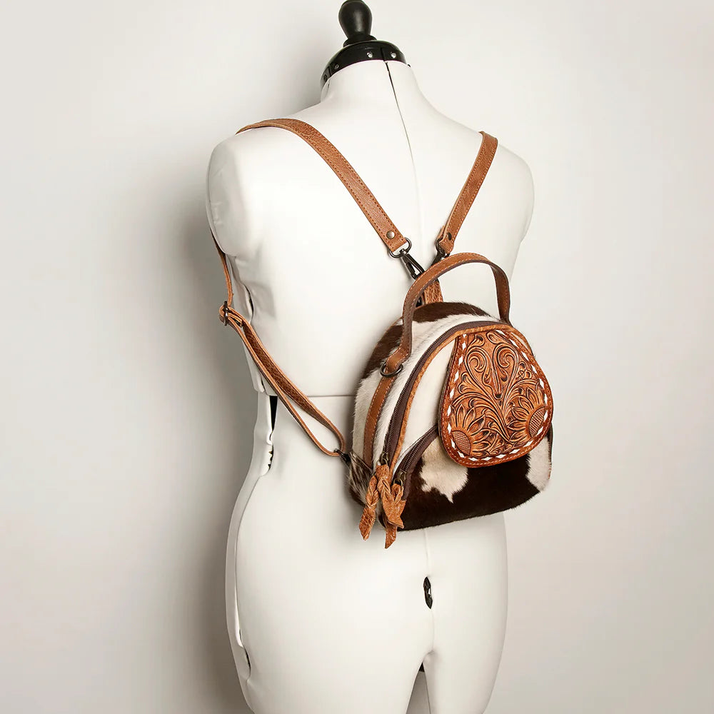 Mini Cowhide Leather Backpack with Tooled Flap - Western Festival & Everyday Bag