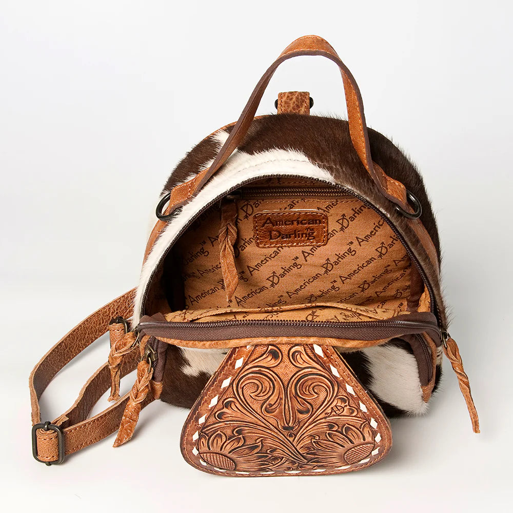 Mini Cowhide Leather Backpack with Tooled Flap - Western Festival & Everyday Bag