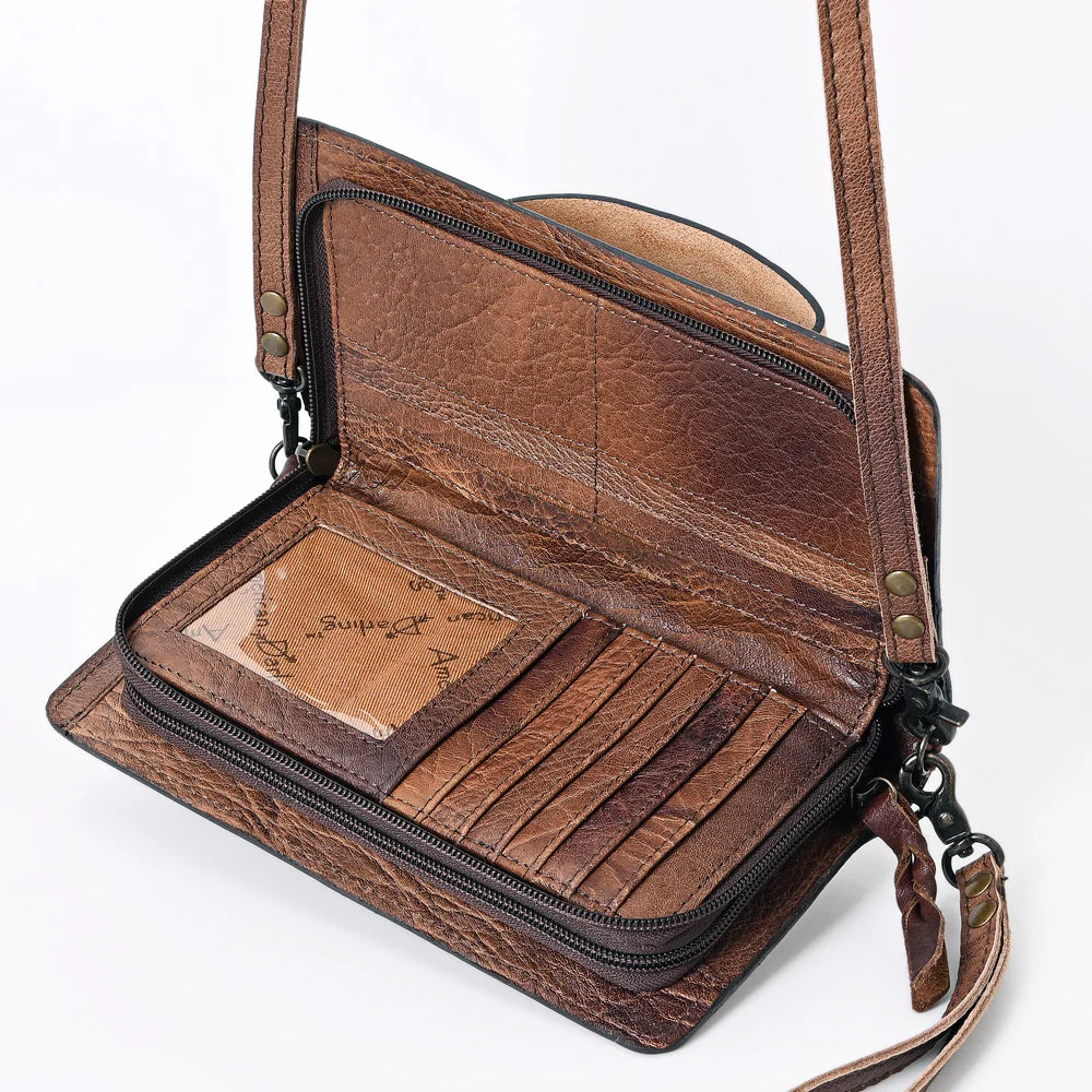 Western Tooled Leather Clutch Bag with Floral Carving and Premium Genuine Leather